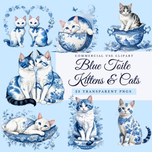 Toile bleue aquarelle chats Chine Clipart pack chatons sautant photo art bols fleurs image graphique papillon collier coeur floral oeuvre d'art