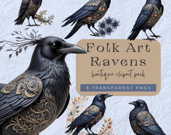 Paquete de imágenes prediseñadas de cuervo con arte popular ornamentado / Impresión digital de pájaro gótico / Ilustración de cuervo vintage / Decoración de fantasía oscura / Diseño de imagen PNG steampunk