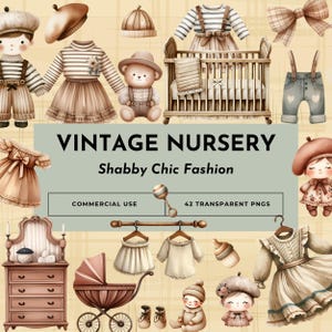 Clipart vintage per la cameretta dei bambini, PNG di moda per bambini shabby chic, estetica della cameretta dei bambini in acquerello, vestiti e giocattoli rustici color crema, download immediato, carino