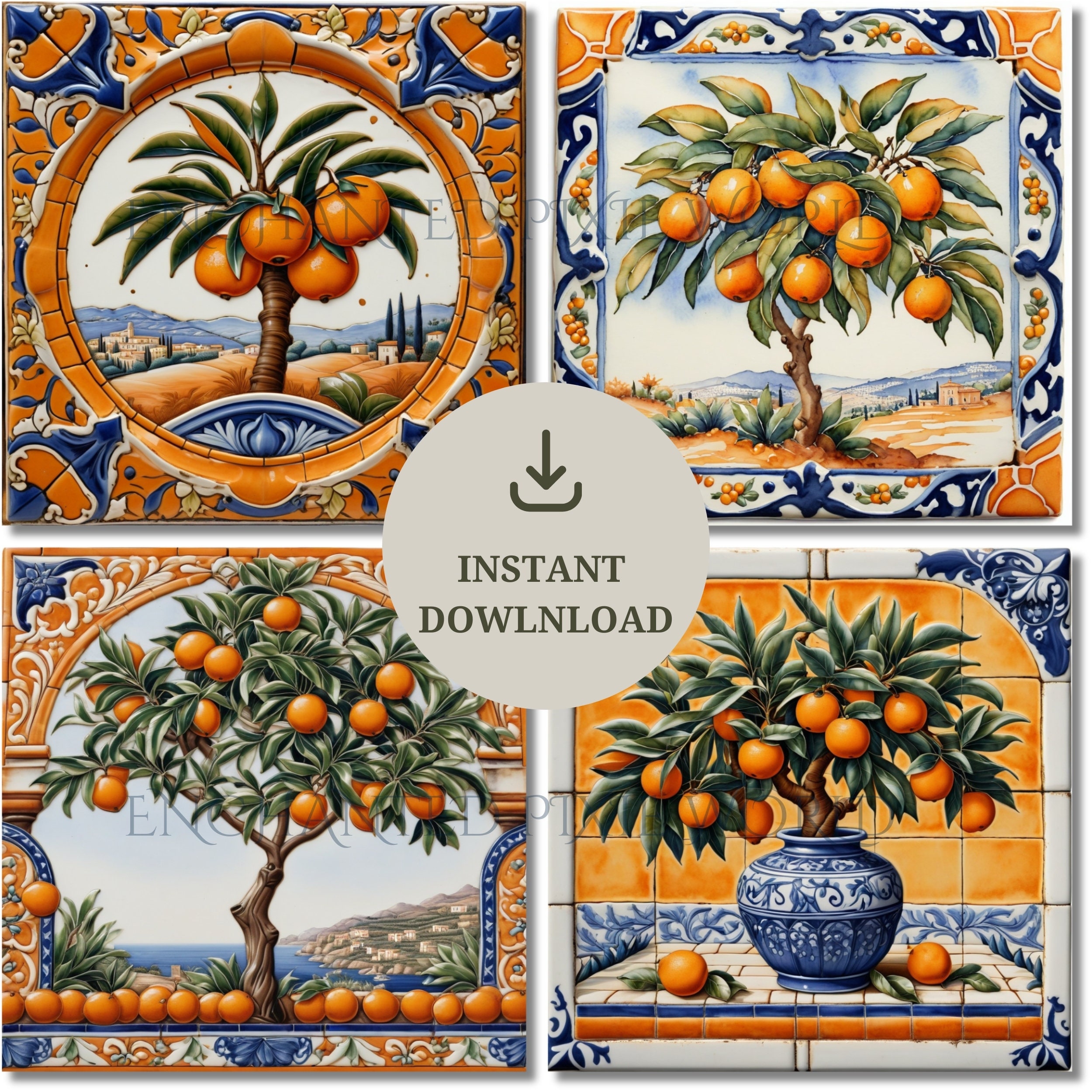 Maiolica Mediterranean Orange Tree Tiles Digital Paper Page Italian ...