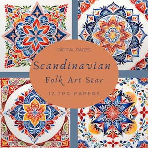 Primärfarben Nordische Folkskunst Stil Stern Traditionelle Skandinavische Motive Digitale Papiere Seiten Grafikbild Rosemaling Norwegische Linien JPG