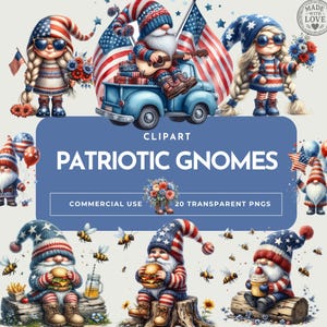 Patriottische kabouters clipartpakket, 4 juli png's, schattige rood wit blauwe illustraties, Independence Day digitale downloadset, sterren en strepen