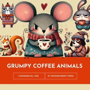 Pacchetto Clipart di Animali del Caffè Scontrosi - Arte Popolare Stravagante con Gatto, Cane, Topo, Coniglio, Volpe e Scoiattolo, Arte Digitale, Illustrazione di Infuso, Decoupage