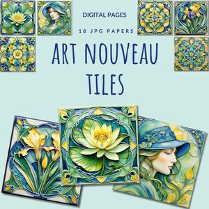 Carrelage élégant Art nouveau, papiers numériques, image gracieuse de fleur de nénuphar, belle femme sinueuse, design tendance, motif délicat