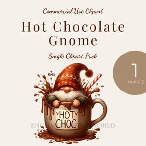 愛らしいホットチョコレートのノームのクリップアート - ココアマグカップに入った居心地の良いゴンク、デジタルアートプリント用のかわいいクリスマス冬のイラスト、PNG画像