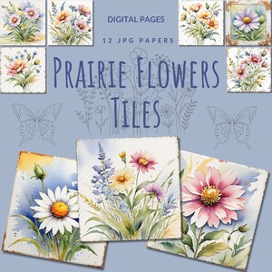 Papeles digitales con delicados azulejos de flores de la pradera, imagen gráfica de terracota natural, páginas florales románticas, arte imprimible en acuarela