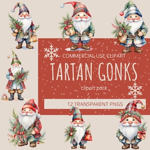 Pack de cliparts tartan gonks Noël bohème Noël aquarelle gnome écossais Bundle art numérique flocon de neige houx baies graphique Image téléchargement PNG