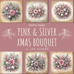 Papéis digitais de buquê de Natal rosa e prata, decoração floral vintage para festas com enfeites, presentes e flocos de neve, perfeitos para fazer cartões