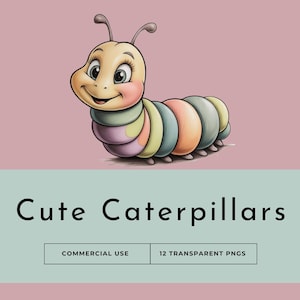 Cute Caterpillar Clipart Pack - Charcoal Style Cartoon Illustration in Pastel Colors for Kids' Craft, Scrapbooks and Digital Projects, Image