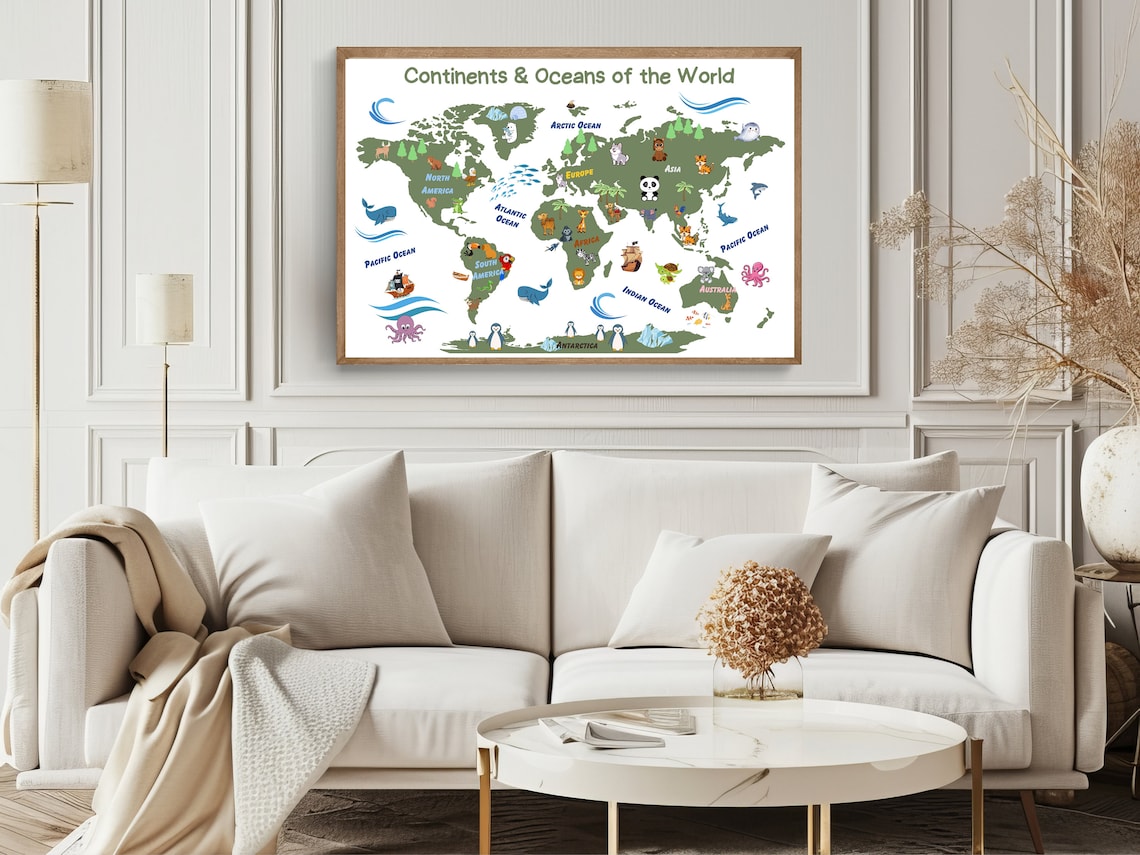Educational World Map Poster for Kids: Continents, Oceans, Animals, and ...