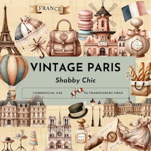 Clipart Paris vintage, PNG esthétique français shabby Chic, art numérique aquarelle parisien, tour Eiffel, macarons et parfum, téléchargement immédiat