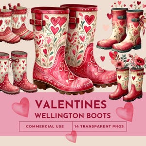 Clipart lunatique de bottes Wellington de la Saint-Valentin avec coeurs, motif floral bohème, bottes en caoutchouc aquarelle, illustration mignonne de pluie, découpage