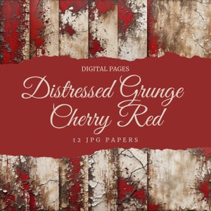 Papeles digitales rojo cereza, página grunge desgastada, ilustración imprimible con textura sepia rústica, diseño descolorido con manchas agrietadas.