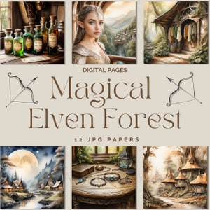 Elven Forest Square Digitale Papierpagina Elf Prinses Meisje Grafische Afbeelding Huis Dorp Waterval Boom Volle Maan Instant Download Rivier Antiek