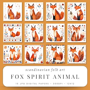 Volpe popolare digitale JPG animale totem scandinavo luminoso bosco tribale giocoso simbolo patrimonio artigianato spirito selvaggio stampabile arte etnica, carta
