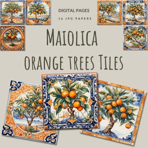 Papel digital de azulejos de naranjo mediterráneo de mayólica, página de terracota italiana con esmaltado cuadrado, imagen gráfica, cerámica, loza, JPG instantáneo