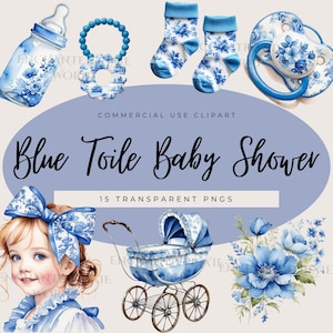Blau Toile Clipart Pack Flasche Feeder Socken Schnuller Kleines Mädchen Beißring Kinderwagen Clipart Pack Kunst Lätzchen Blumen rassel Bild Decke Bogen Puppe
