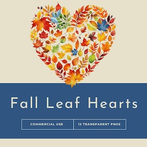 Pacchetto di clipart con cuori di foglie vivaci per lavoretti autunnali, arte digitale autunnale per album di ritagli, inviti, progetti fai da te, progetti per il Ringraziamento, PNG