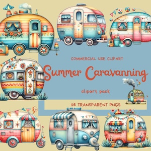 Pack de cliparts caravanes rétro de l'été, caravaneige Camping vacances art numérique, oeuvre d'art imprimable vacances bord de mer voyage, découpage côtier