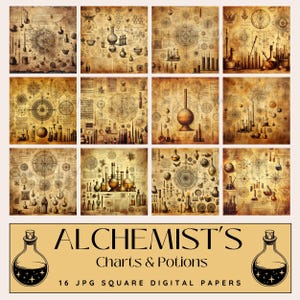 Alchemist Charts Digital Paper Pack – 16 Vintage Alchemy Backgrounds, Potion Recipes & Symbols, 300 DPI, Commercial Use, High Resolution