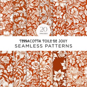 Pacote de Padrões Sem Costura de Toile Terracota | Conjunto de Cliparts Rústicos de Outono | Download de Papel Digital Francês Vintage para Artesanato e Design Boho, JPG