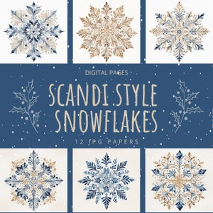 Pagina digitale in stile scandinavo con fiocco di neve tradizionale, motivo natalizio, immagine di forma geometrica, motivo natalizio, arte popolare nordica, download immediato