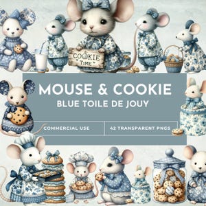 Maus & Cookie Clipart - Französische Toile de Jouy Mäuse, 42 PNGs, Shabby Chic Aquarell, kommerzielle Nutzung, niedlich Backen Koch Kunst zum Basteln