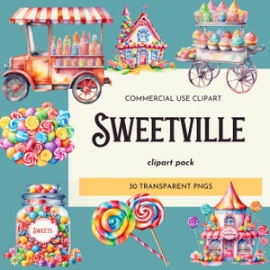 Whimsical Sugar Delights Clipart Pack - Kolorowy dom cukierków, lizaki, wózek ze słodyczami i smakołyki Sztuka cyfrowa na imprezy, rzemiosło i projekty
