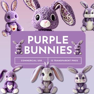 Imágenes prediseñadas de conejito morado (PNG) / Lindo gráfico de conejo para tarjetas, arte mural descargable, baby shower, manualidades infantiles, 12 ilustraciones digitales, corazones