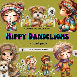 Pacchetto clipart con bambina hippy, bambino e cane con denti di leone, fiori di bandana e un simpatico cucciolo in arte digitale, immagine naif colorata che soffia semi