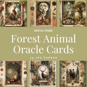 Pacchetto di carte oracolo degli animali della foresta, carta digitale, fauna selvatica del bosco, design della natura mistica, illustrazione di animali spirituali, opera d'arte magica boho