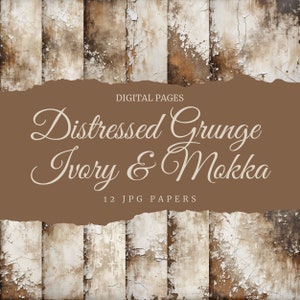 Papel digital blanco marfil y marrón moca, página desgastada con efecto grunge, ilustración imprimible con textura rústica sepia, descarga con manchas agrietadas, estado de ánimo sombrío