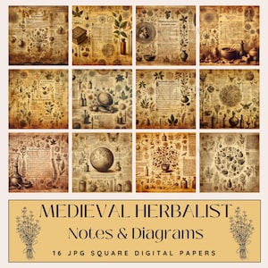 Medieval Herbalist Digital Paper – 16 Vintage Herbal Notes, Botanical Recipes & Apothecary Charts, 300 DPI, Commercial Use, High Resolution