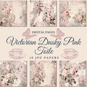Papeles digitales de toile rosa oscuro romántico victoriano, páginas de composición con ramos de flores artísticas, imagen gráfica de collage de encaje estilo francés, JPG