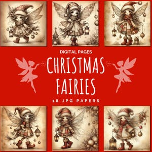 Grillige kerstfee afdrukbare kunst om te knutselen, vintage vakantie junk Journal kortstondig, feestelijk digitaal pixiepapier, antieke stijl JPG