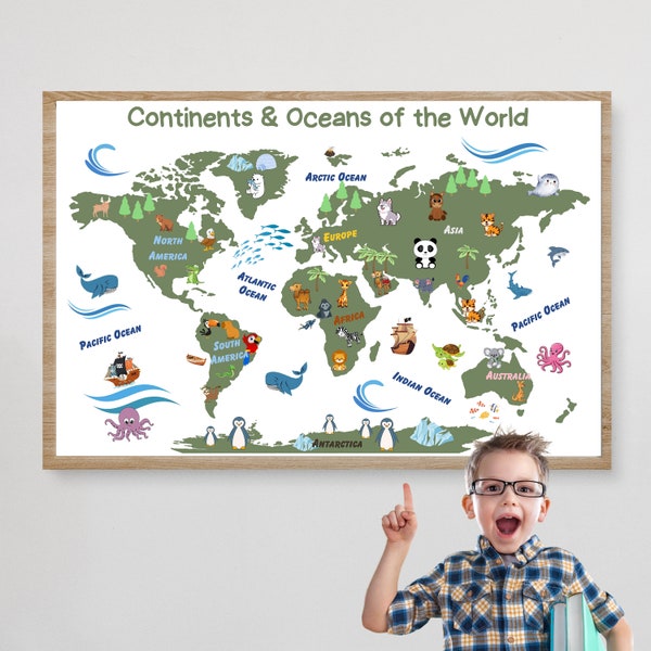 Educational World Map Poster for Kids: Continents, Oceans, Animals, and Pirate Ships