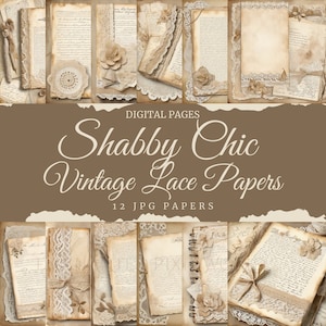 Diario vintage shabby chic, página de papel digital, antiguo, victoriano, descolorido, encaje, imagen gráfica, sepia, flor, hoja, bolígrafo, escritura a mano, resistente