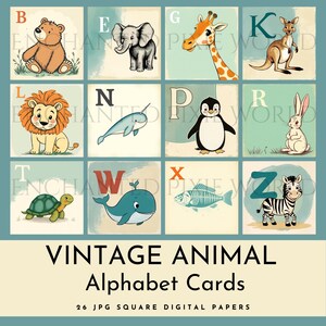 Vintage Tieralphabetkarten - Illustrierte digitale Papiere im Storybook-Stil für Kinderzimmerdekor, Bastelprojekte und Lernaktivitäten PNG