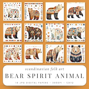 Coleção de papel digital Nordic Bear, espírito popular, animais, motivos florais, páginas étnicas, tribais e de vida selvagem, arte colorida, álbum de recortes