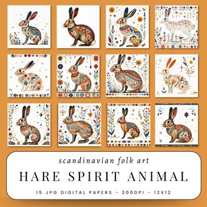 Hare Folk Digital Papers Set JPG Spring Totem Animal Scandinavian Floral Pattern Wild Nature Symbol Earthy Spirit Forest Printable Motif Art