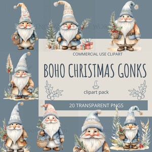 Pacchetto Clipart di gnomi natalizi Boho Pastel, crema natalizia, acquerello, cappello di lana, arte digitale, ramo di agrifoglio, bacche, grafica stampabile PNG