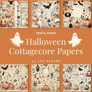 Papeles digitales rústicos de Halloween con fantasmas, calaveras, calabazas y diseños florales para diarios basura, álbumes de recortes y manualidades, JPG