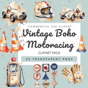 Pacote de clipart de carro de corrida Boho Vintage Driver Capacete Cones de trânsito Placa de trânsito Bomba de gasolina Pneus a gasolina Copa dos vencedores Union Jack Britânico