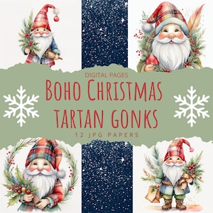Carta digitale Boho Christmas TARTAN Gonks, pagine di Natale scozzesi con gnomi pelosi, ghirlanda di agrifoglio e bacche, immagine grafica, stampa istantanea della cartolina