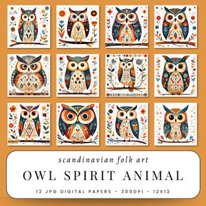 Owl Spirit Digital Papers Set JPG Tribal Mystic Animal Nordic Starry Pattern Floral Ethereal Wisdom Printable Nocturnal Design Folk Totem