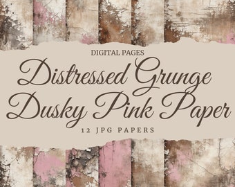 Distressed Grunge Dusky Pink Square Digital Papers, Cream Rustic Sepia Texture Pages,  Cracked Stained Old Graphic Image, Sublimation Gift