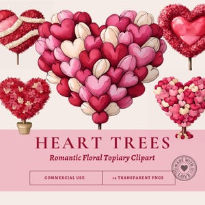 Conjunto de clipart de árvores de coração romântico, PNGs de topiaria floral, decoração de amor para o dia dos namorados, arte de casamento para impressão, download digital transparente, itens efêmeros