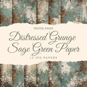 Papeles digitales desgastados en verde salvia grunge, páginas con textura rústica en crema sepia, arte gráfico antiguo elegante con manchas agrietadas, regalo imprimible.