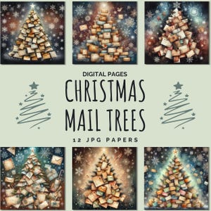 Vintage Christmas Letter Tree Digital Paper Pack | Tło kolażu świątecznego | Ephemera kartek świątecznych | Wydrukowane zimowe artykuły piśmiennicze | Projekt