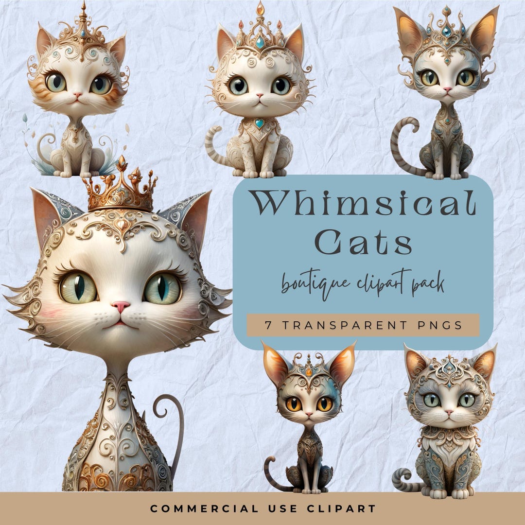 Adorable Whimsical Cat Clipart Pack, Feline Pet Ephemera Digital Art ...